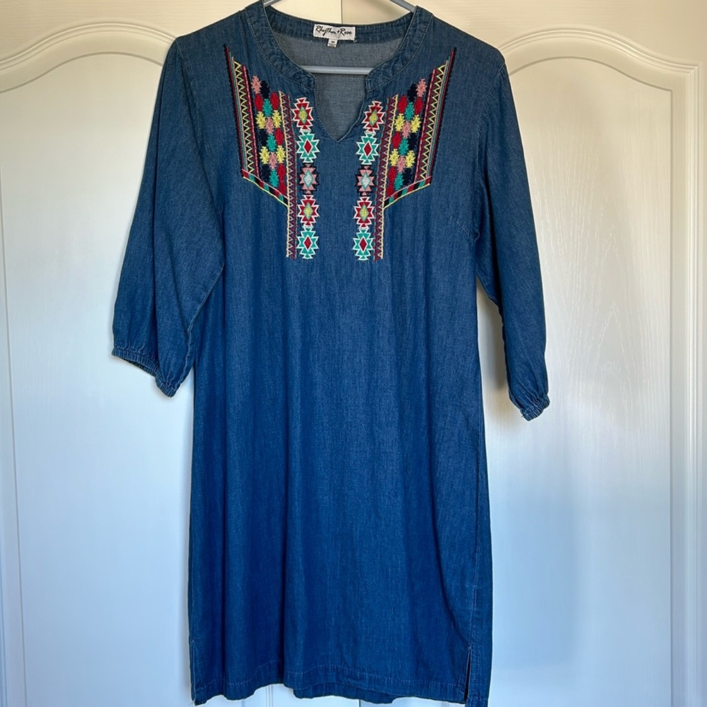 Ruff Hewn Denim Embroidered Blue Shift Dress